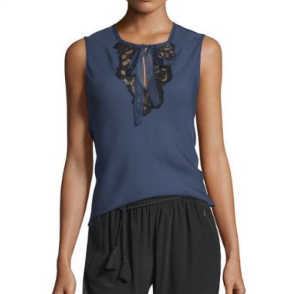 Elie Tahari Sleeveless Silk Blouse w/ Lace Insets